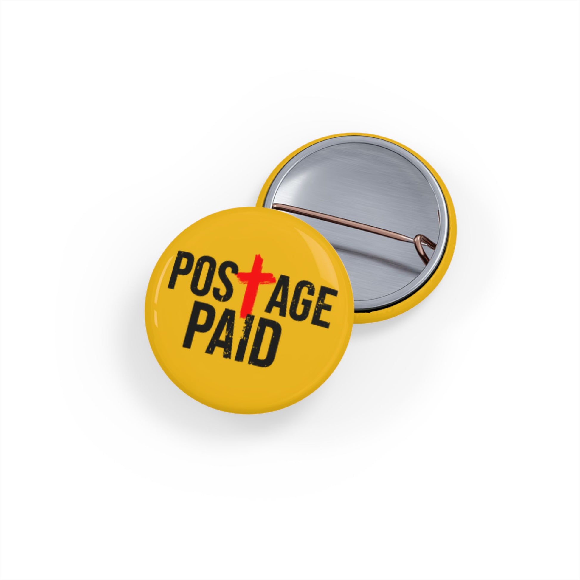 Round Pin Button — "Postage Paid" Yellow Badge with Red Cross (Religious/Christian Faith Pin)