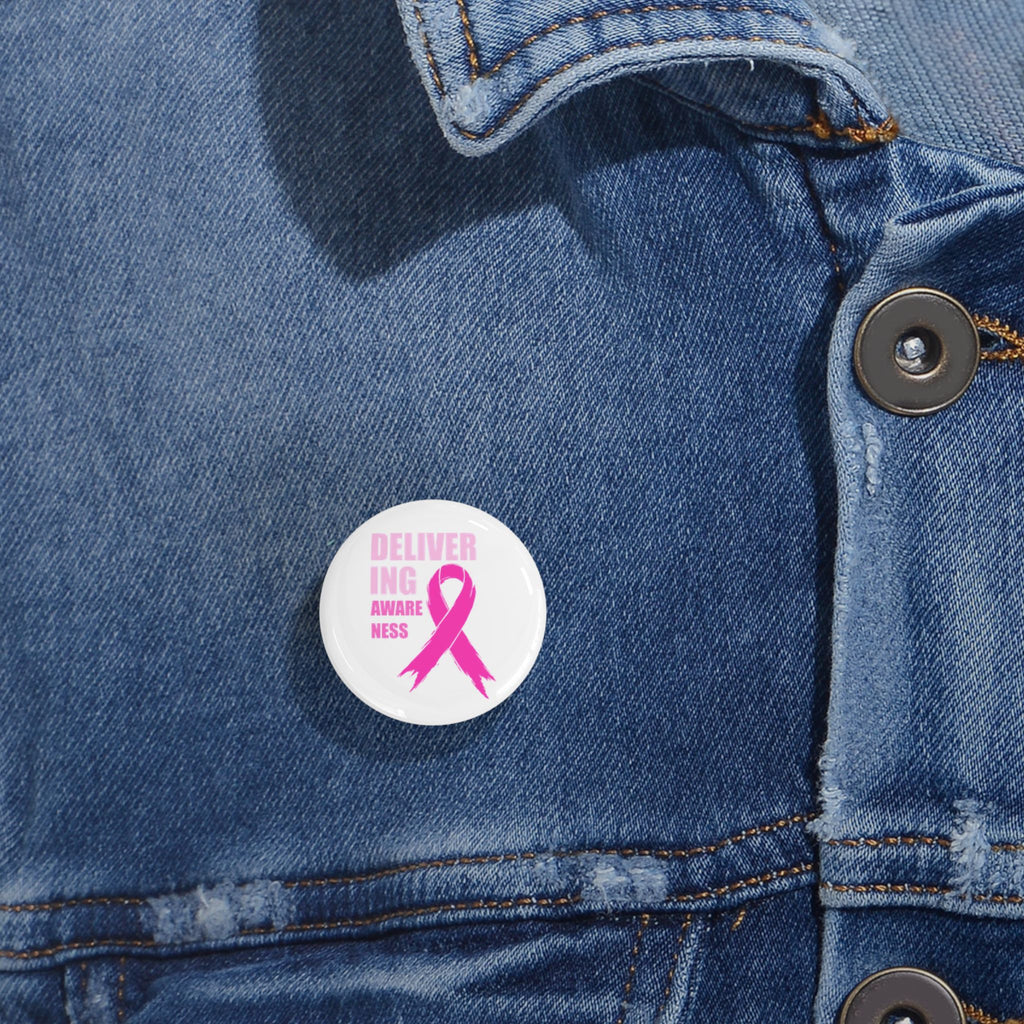 Breast Cancer Awareness Round Pin — "Delivering Awareness" Pink Ribbon Button