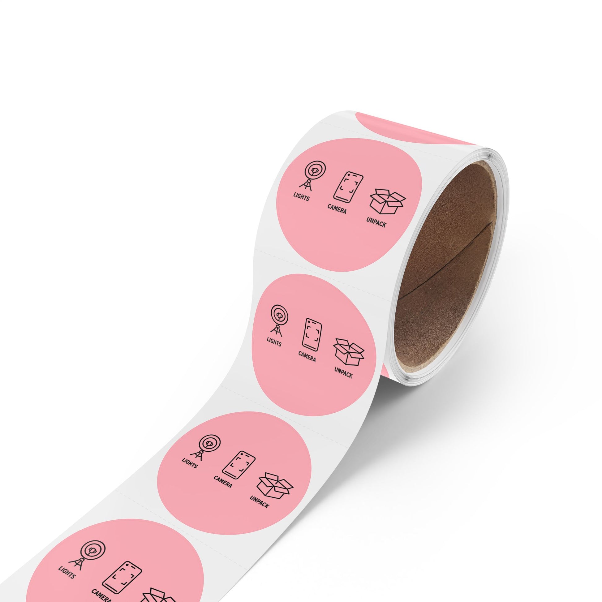 Round Sticker Labels – "Lights • Camera • Unpack" Packaging Seals (Roll) Perfect for Etsy Sellers, Shopify Shops & Small Business Owners