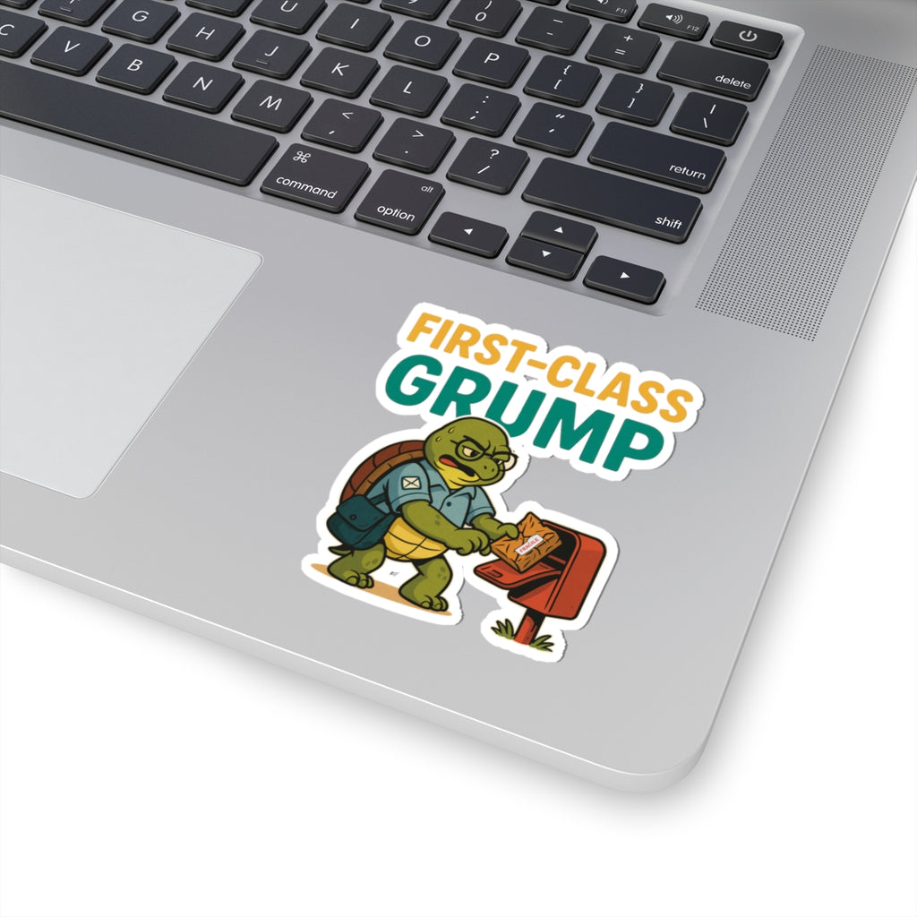 Funny Grumpy Turtle Stickers, Cute Laptop Decal, Quirky Gift for Mail Lovers, Humorous Office Decor, First-Class Grump